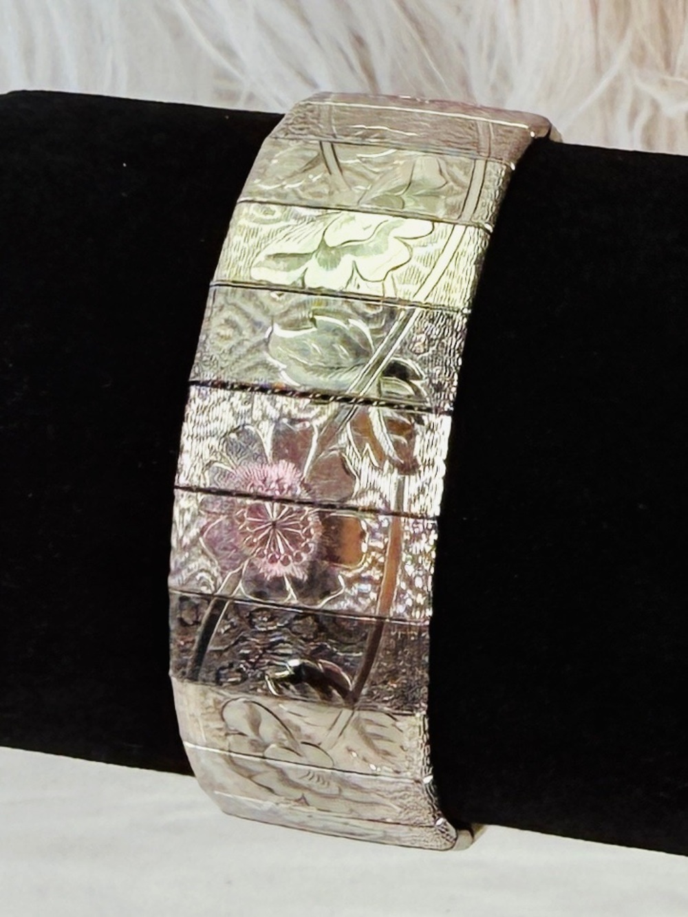 Vintage Aged Silvertone and Pink Bracelet